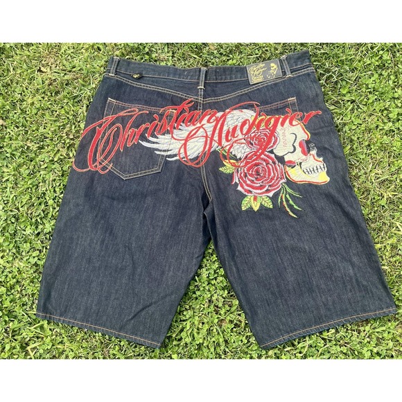 Christian Audigier Ed Hardy Shorts Mens 44 Blue Denim Embroidered Skull Rose - Picture 3 of 16